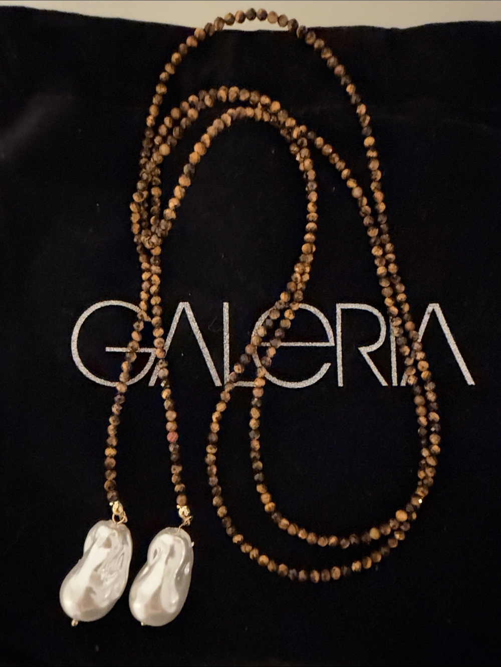 Brown Bead Necklace with White Baroque Pearl Drops